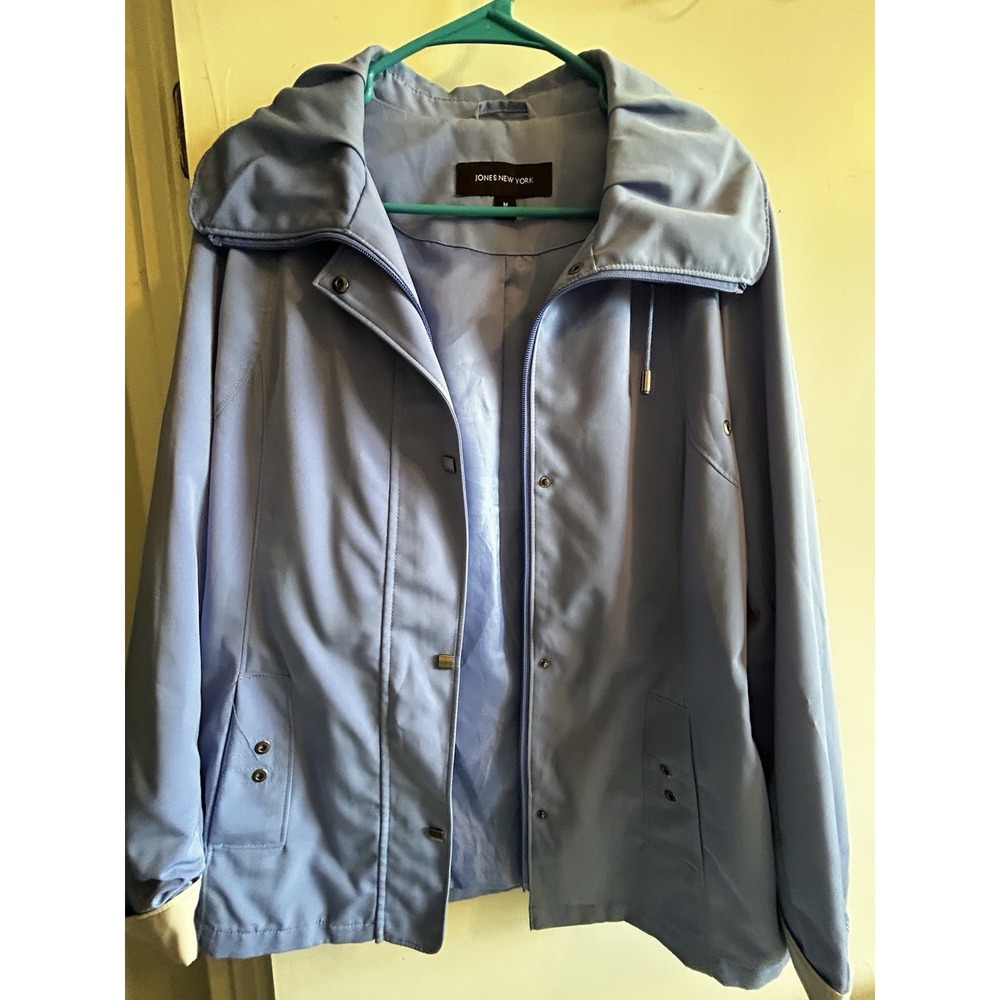 Women's Jones New York Jacket Large Blue Hood Zipper Water Resistant